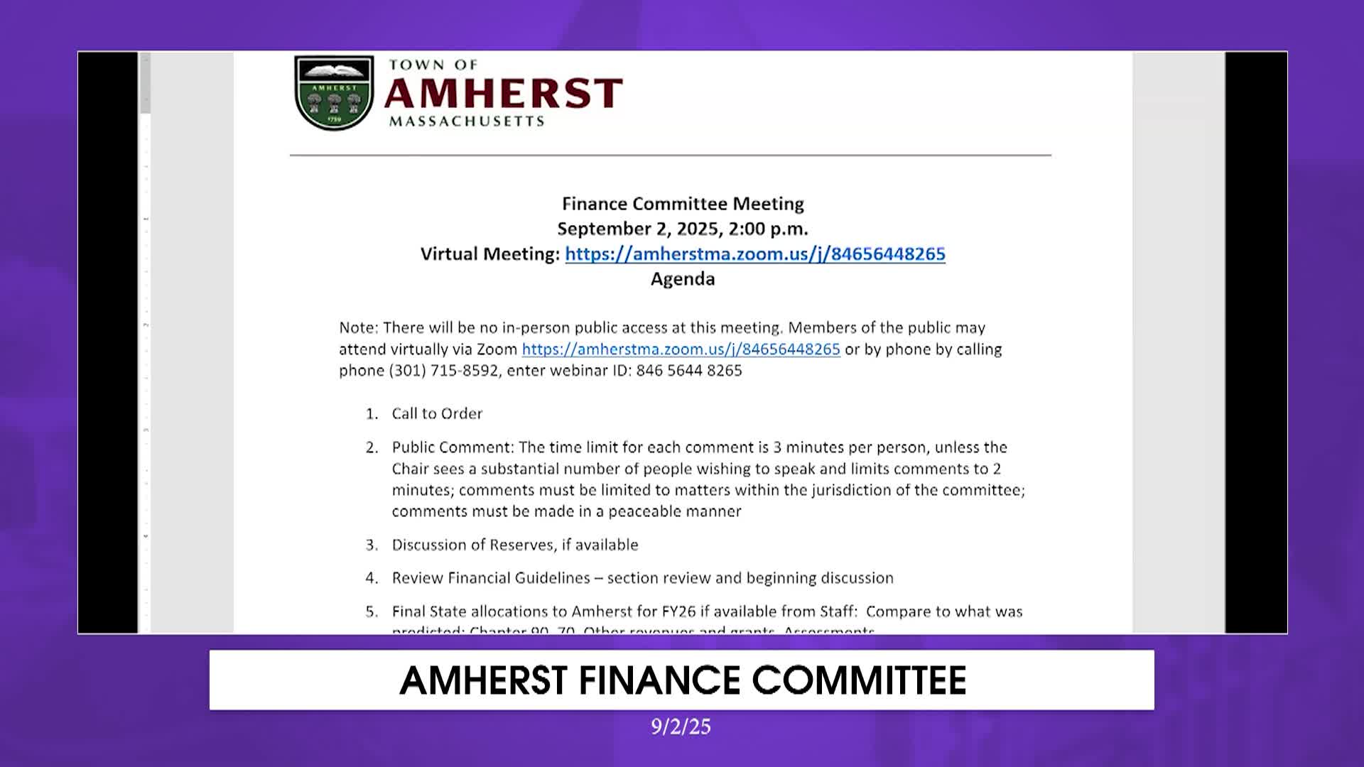 Amherst Finance Committee - September 2nd, 2025
